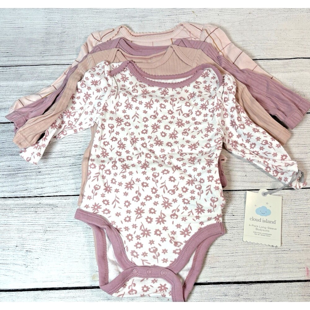 Cloud Island Baby Girl Size 3-6 Months Long Sleeve Bodysuits 4pc Set Gift NEW